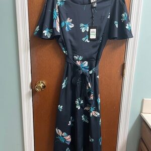DKNY Women’s Navy Floral Print Flutter Sleeve High-Low Dress